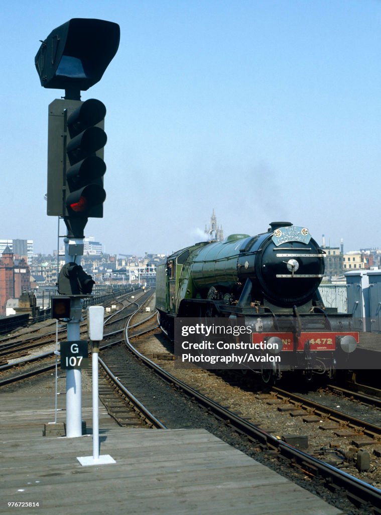 Mc Alpine Special Charter. No.4472 Flying Scotsman comes off the Gateshead end of the High Level Bridge - turning the engine. 14.05.1982.