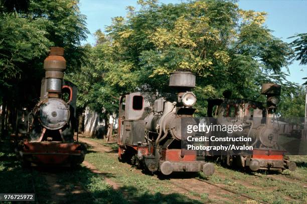Metre gauge Veterans 'Out to grass' at FC Azucarera Sugar Mill Paraguay. Left; Hannomag 0-4-0WT No 4992 'Tebicuary'; centre Orenstein Koppel 0-4-0WT...