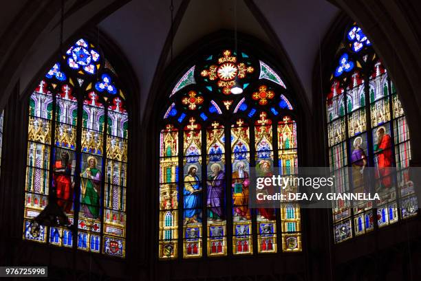 The stained glass windows in the apse of the cathedral, Basel, Switzerland.