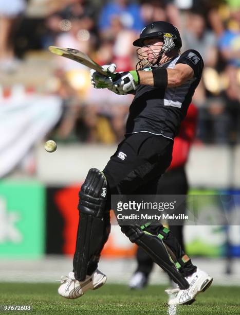 Scott Styris of the Blackcaps hits the ball during the 5th ODI match between New Zealand and Australia at Westpac Stadium on March 13, 2010 in...