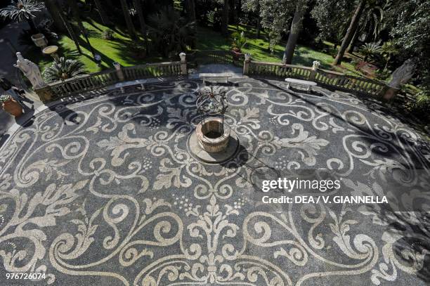 The terrace in front of Villa Durazzo, paved in risseu , designed by the painter Giovanni Franceschetti, Santa Margherita Ligure, Liguria, Italy,...