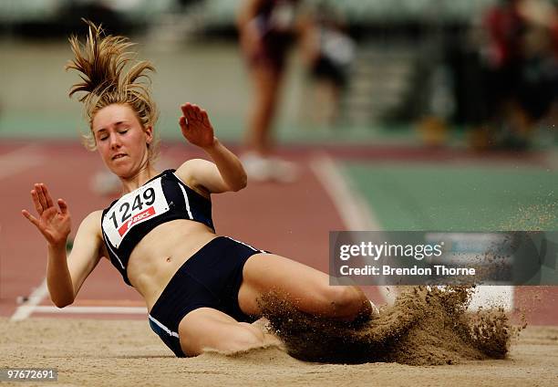 Hannah Lindstrom of Victoria competes in the Girls Long Jump Under 20 during day three of the 2010 Australian Junior Championships at Sydney Olympic...