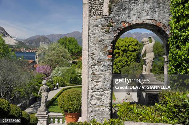View from a terrace in the garden of Isola Bella, Lake Maggiore, Piedmont, Italy.
