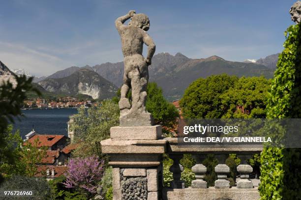 View from a terrace in the garden of Isola Bella, Lake Maggiore, Piedmont, Italy.