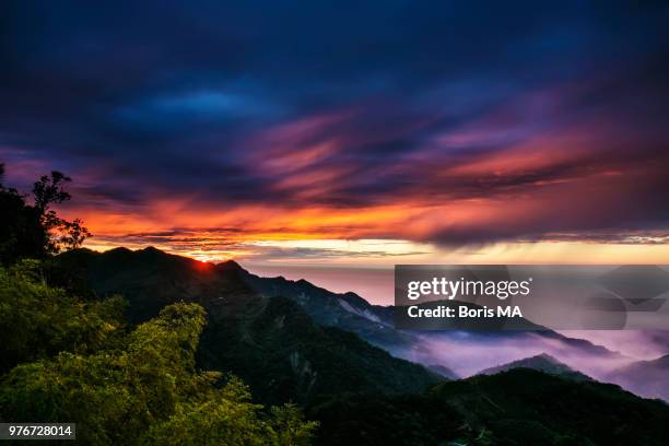 sunset over mountain landscape, chiayi county, taiwan - chiayi stock pictures, royalty-free photos & images