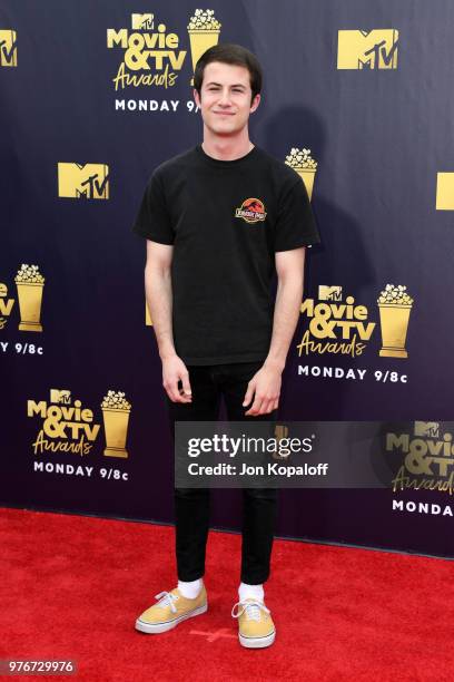 Actor Dylan Minnette attends the 2018 MTV Movie And TV Awards at Barker Hangar on June 16, 2018 in Santa Monica, California.