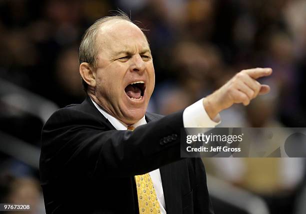 Bruins head coach Ben Howland yells at his team in the first half against the Cal Golden Bears during the Semifinals of the Pac-10 Basketball...