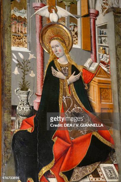 Mary, Annunciation, diptych in the museum of the cathedral of Saint Mary, Girona, Spain, 15th century. Detail.