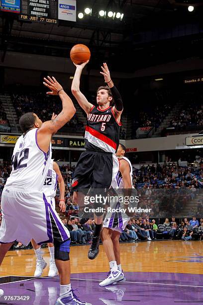 Rudy Fernandez of the Portland Trail Blazers shoots the ball over Sean May of the Sacramento Kings on March 12, 2010 at ARCO Arena in Sacramento,...
