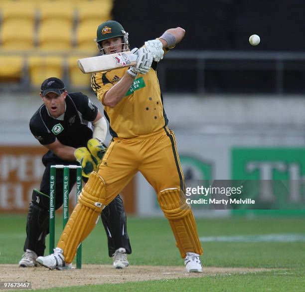 Shane Watson of Australia hits the ball during the 5th ODI match between New Zealand and Australia at Westpac Stadium on March 13, 2010 in...