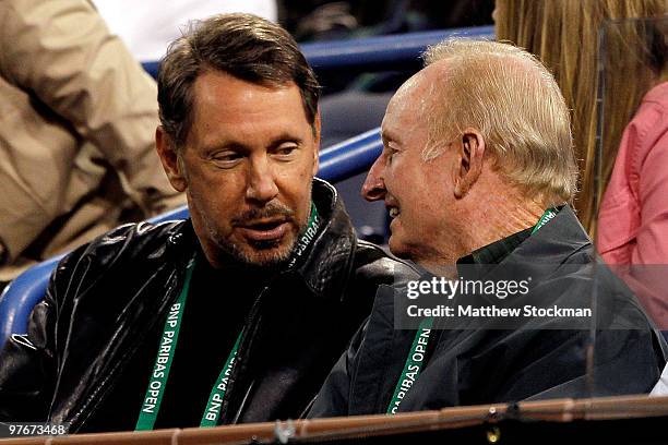 Oracle CEO Larry Ellison and former tennis player Rod Laver attend Hit for Haiti, a charity event during the BNP Paribas Open on March 12, 2010 in...