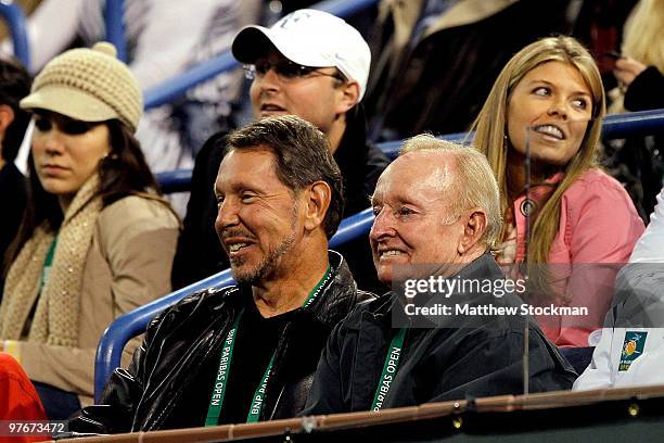 Oracle CEO Larry Ellison and former tennis player Rod Laver attend Hit for Haiti, a charity event during the BNP Paribas Open on March 12, 2010 in...
