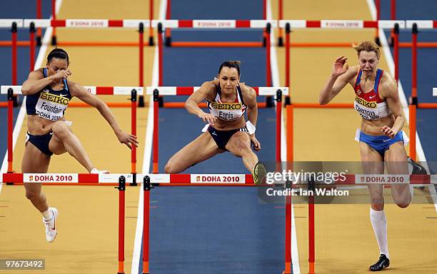 Hyleas Fountain of United States, Jessica Ennis of Great Britain and Marina Goncharova of Russia compete in the Womens Pentathlon 60m Hurdles during...