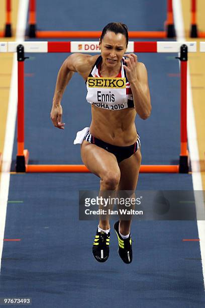 Jessica Ennis of Great Britain competes in the Womens Pentathlon 60m Hurdles during Day 2 of the IAAF World Indoor Championships at the Aspire Dome...