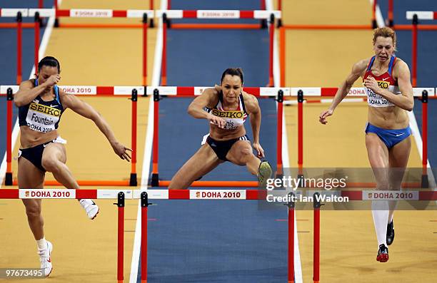 Hyleas Fountain of United States, Jessica Ennis of Great Britain and Marina Goncharova of Russia compete in the Womens Pentathlon 60m Hurdles during...