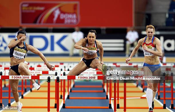 Hyleas Fountain of United States, Jessica Ennis of Great Britain and Marina Goncharova of Russia compete in the Womens Pentathlon 60m Hurdles during...