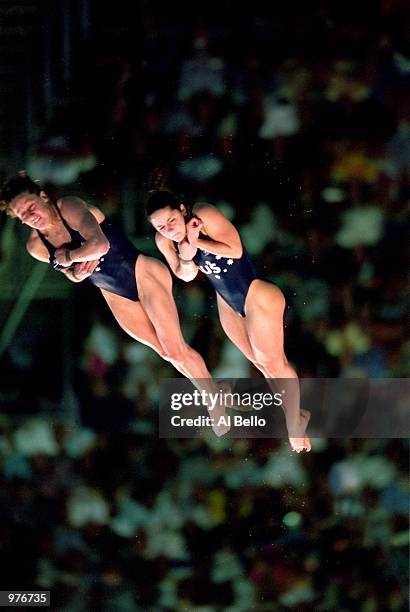 Loudy Tourky and Rebecca Gilmore of Australia in action during the Women's Synchronise 10m Diving held at the Sydney International Aquatic Centre...