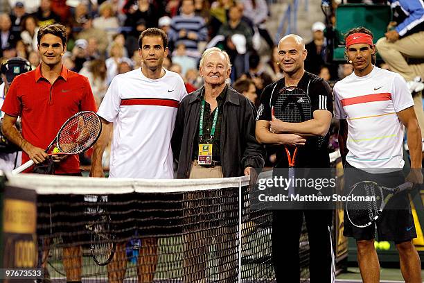 Roger Federer of Switzerland, Pete Sampras, former tennis player Rod Laver, Andre Agassi and Rafael Nadal of Spain pose at Hit for Haiti, a charity...