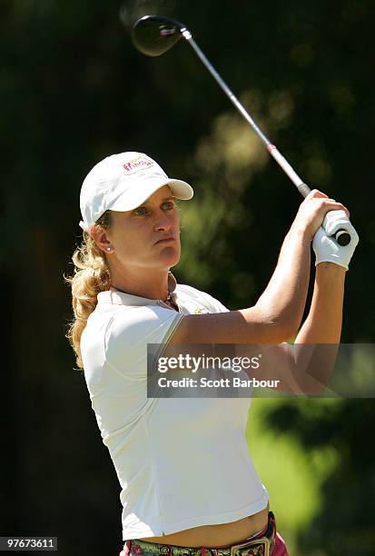 Giulia Sergas of Italy hits an approach shot on the 12th hole during day three of the Women's Australian Open at The Commonwealth Golf Club on March...