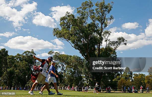 Karrie Webb of Australia walks the 5th hole during day three of the Women's Australian Open at The Commonwealth Golf Club on March 13, 2010 in...