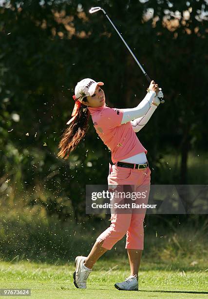 Soo-Jin Yang of Korea hits an approach shot on the 12th hole during day three of the Women's Australian Open at The Commonwealth Golf Club on March...