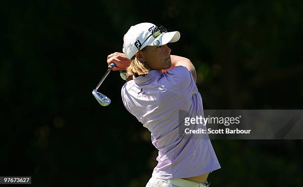 Katherine Hull of Australia plays an approach shot on the 5th hole during day three of the Women's Australian Open at The Commonwealth Golf Club on...