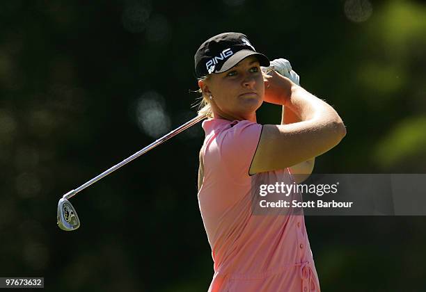 Anna Nordqvist of Sweden plays an approach shot on the 4th hole during day three of the Women's Australian Open at The Commonwealth Golf Club on...