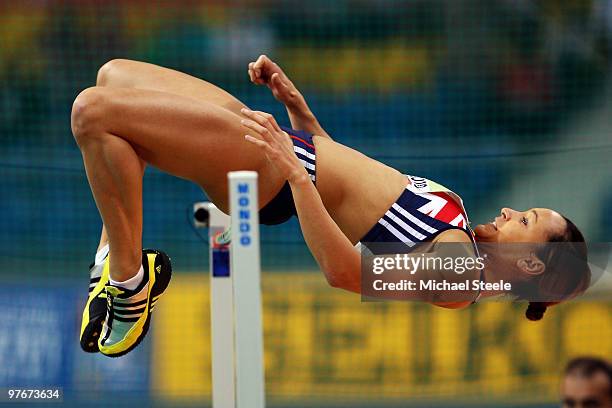 Jessica Ennis of Great Britain competes in the Womens Pentathlon High Jump during Day 2 of the IAAF World Indoor Championships at the Aspire Dome on...