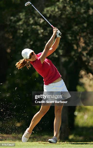 Stefanie Michl of Austria plays an approach shot on the 5th hole during day three of the Women's Australian Open at on March 13, 2010 in Melbourne,...