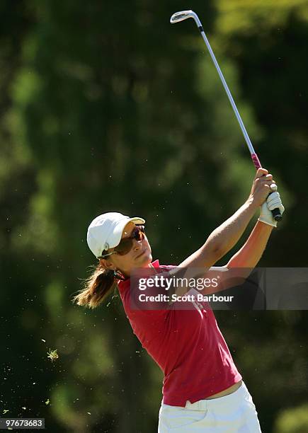 Stefanie Michl of Austria plays an approach shot on the 10th hole during day three of the Women's Australian Open at on March 13, 2010 in Melbourne,...