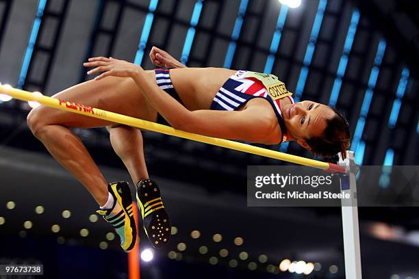 Jessica Ennis of Great Britain competes in the Womens Pentathlon High Jump during Day 2 of the IAAF World Indoor Championships at the Aspire Dome on...