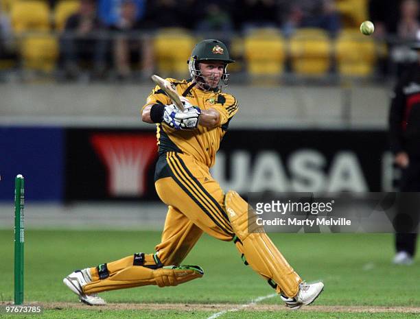 Michael Hussey of Australia hits the ball during the 5th ODI match between New Zealand and Australia at Westpac Stadium on March 13, 2010 in...