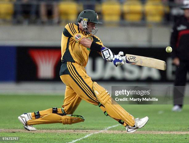 Michael Hussey of Australia hits the ball during the 5th ODI match between New Zealand and Australia at Westpac Stadium on March 13, 2010 in...