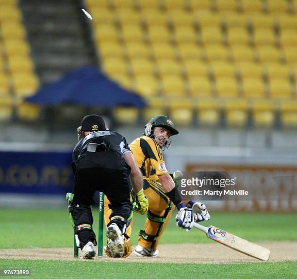 Michael Hussey of Australia is bowled by Tim Southee of the Blackcaps during the 5th ODI match between New Zealand and Australia at Westpac Stadium...