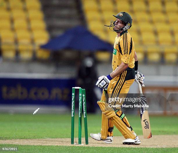 Michael Hussey of Australia is bowled by Tim Southee of the Blackcaps during the 5th ODI match between New Zealand and Australia at Westpac Stadium...