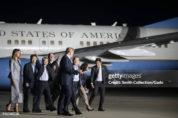 Three Americans freed from North Korean prison welcomed by President of the United States Donald J Trump, First Lady Melania Trump, Vice President...