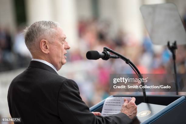 Secretary of Defense James N Mattis giving a speech during a Memorial Day ceremony at Arlington National Cemetery, Arlington, Virginia, May 28, 2018....
