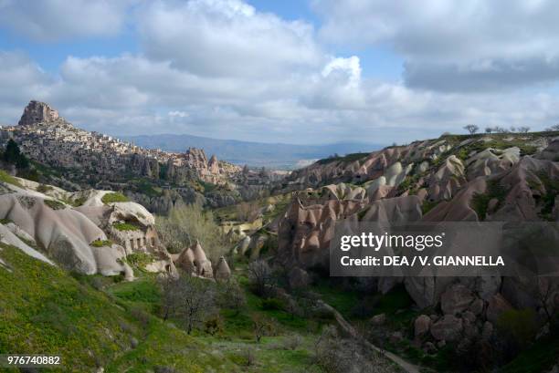 The village of Uchisar in Pigeon Valley, Goreme National Park , Cappadocia, Turkey.