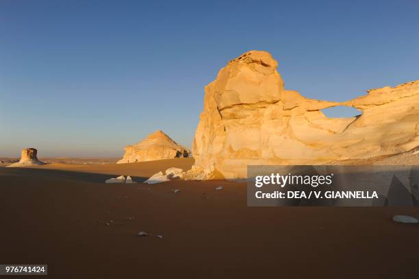 Chalk and limestone rock formations, White desert, Sahara desert, Egypt.