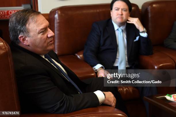 Secretary of State Mike Pompeo speaking with Marc Knapper, US Embassy in Seoul, Osan Air Base, Republic of Korea, June 13, 2018. Image courtesy...