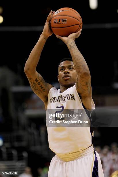 Isaiah Thomas of the Washington Huskies shoots a free throwl against the Stanford Cardinal during the semifinals of the Pac-10 Basketball Tournament...