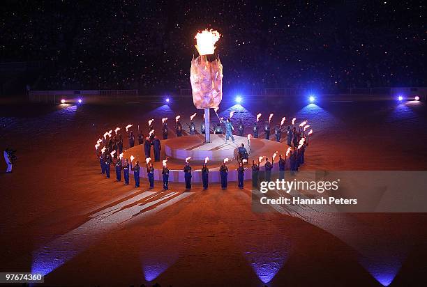 Final torch bearer Zach Beaumont lights the flame during the Opening Ceremony officially opening the 2010 Vancouver Winter Paralympic Games at BC...