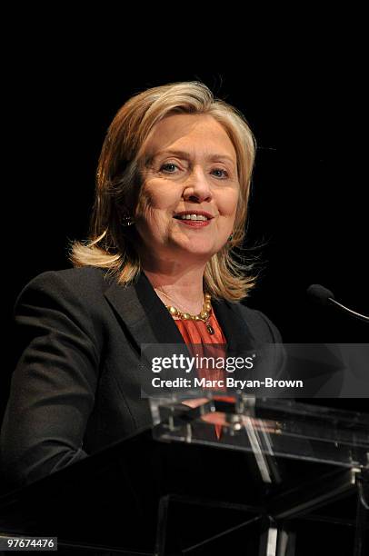 Hillary Clinton attends day 1 of the "Women In The World: Stories and Solutions" Summit at Hudson Theatre on March 12, 2010 in New York City.