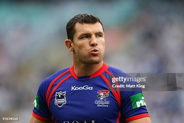 Steve Simpson of the Knights looks on during the round one NRL match between the Canterbury Bulldogs and the Newcastle Knights at ANZ Stadium on...