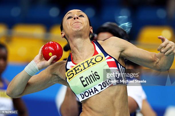 Jessica Ennis of Great Britain competes in the Womens Pentathlon Shot Put during Day 2 of the IAAF World Indoor Championships at the Aspire Dome on...