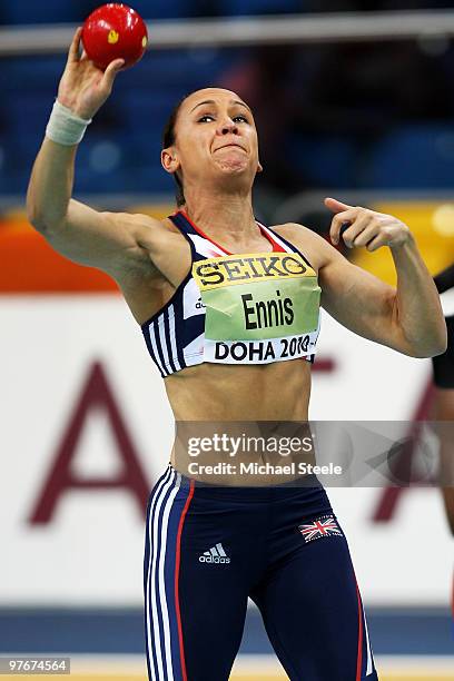 Jessica Ennis of Great Britain competes in the Womens Pentathlon Shot Put during Day 2 of the IAAF World Indoor Championships at the Aspire Dome on...