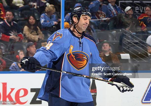 Chris Chelios of the Atlanta Thrashers reacts to a call during the game against the New York Rangers at Philips Arena on March 12, 2010 in Atlanta,...