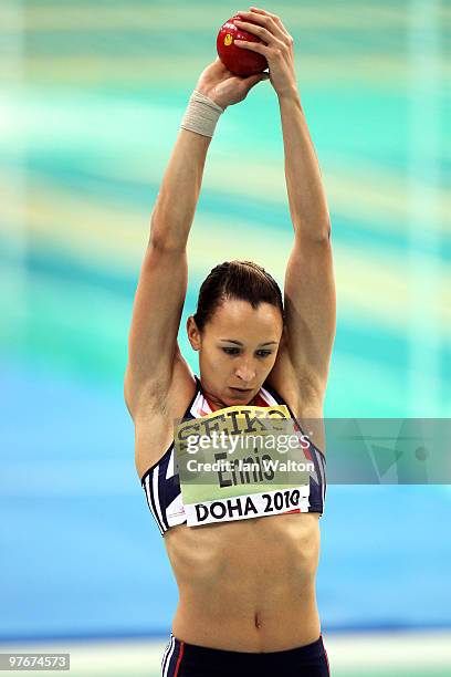 Jessica Ennis of Great Britain gets ready to compete in the Womens Pentathlon Shot Put during Day 2 of the IAAF World Indoor Championships at the...