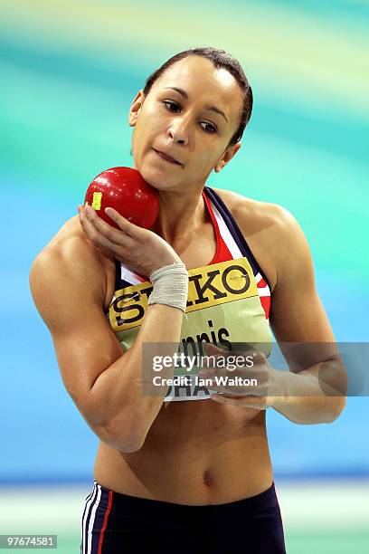 Jessica Ennis of Great Britain gets ready to compete in the Womens Pentathlon Shot Put during Day 2 of the IAAF World Indoor Championships at the...