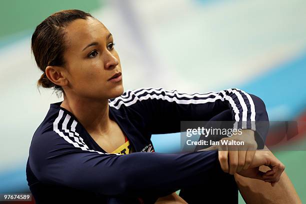 Jessica Ennis of Great Britain gets ready to compete in the Womens Pentathlon Shot Put during Day 2 of the IAAF World Indoor Championships at the...